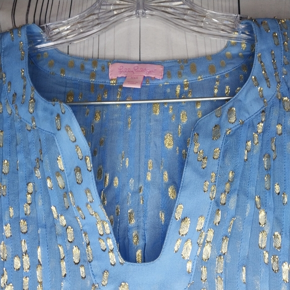 Lilly Pulitzer Colby True Blue Gold Dot Jacquard Metallic Blouse Top Size XXS - Picture 4 of 10